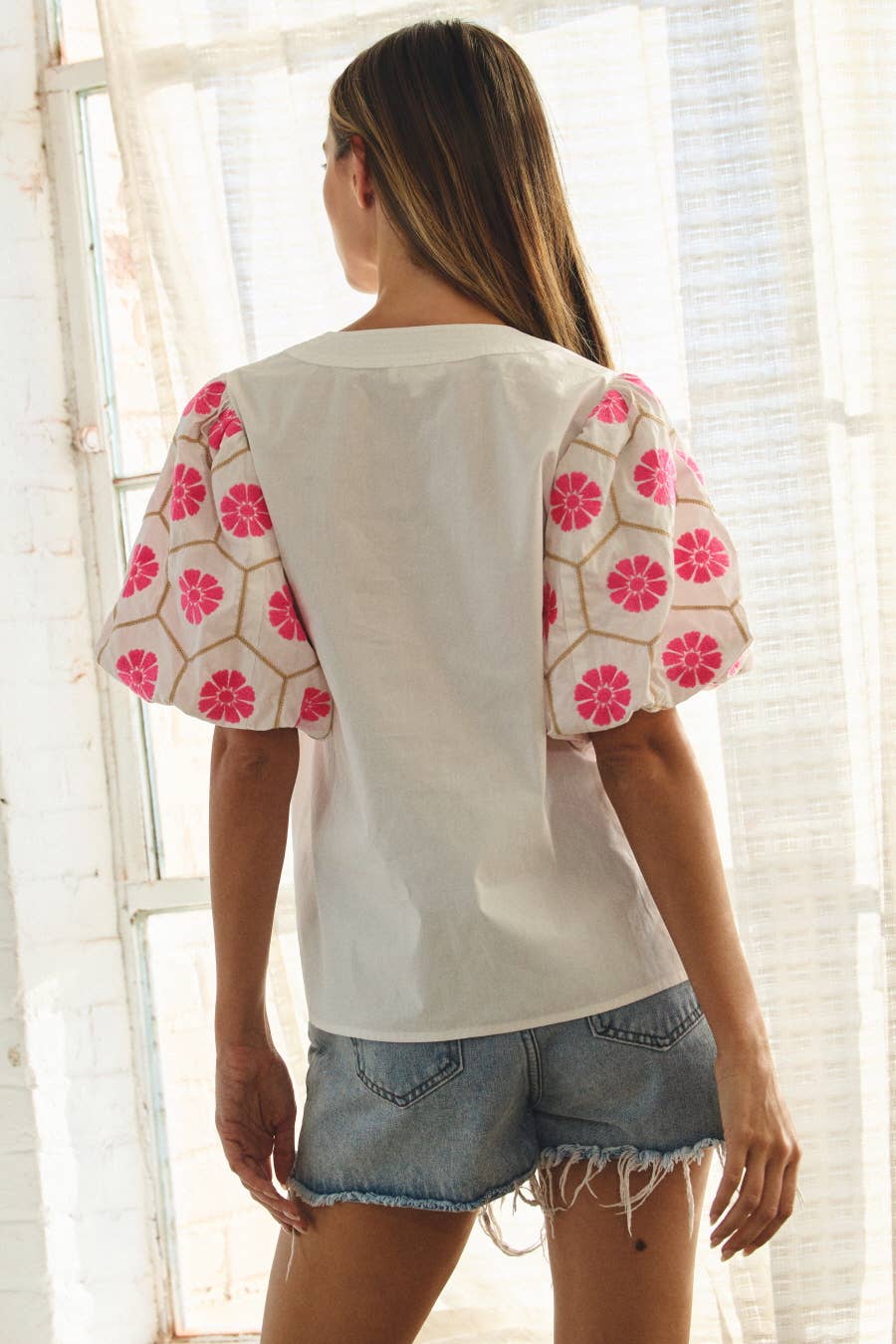 V-neck Floral Embroidery Blouse