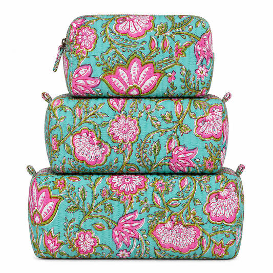 Green Pink Quilted Toiletry Bag Set