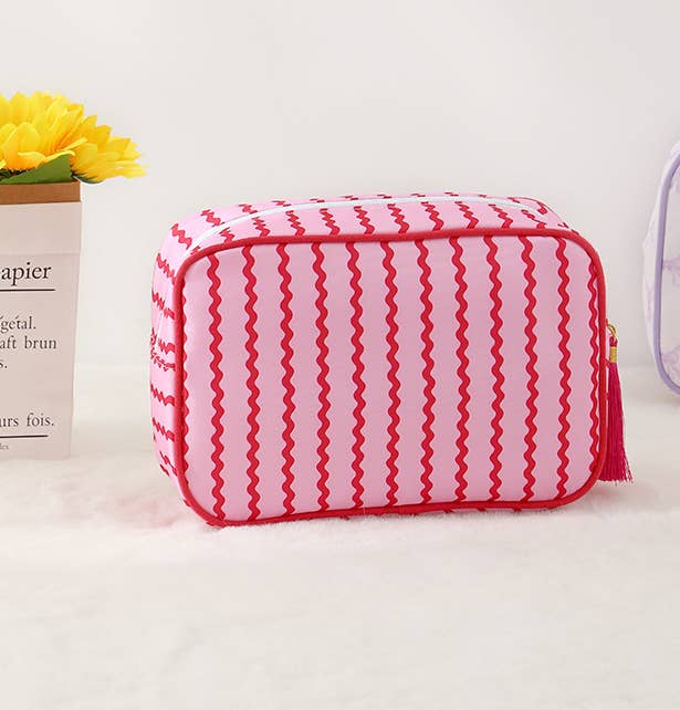 Color-Blocked Striped Pouch Bow Tassel Zipper Makeup Bag