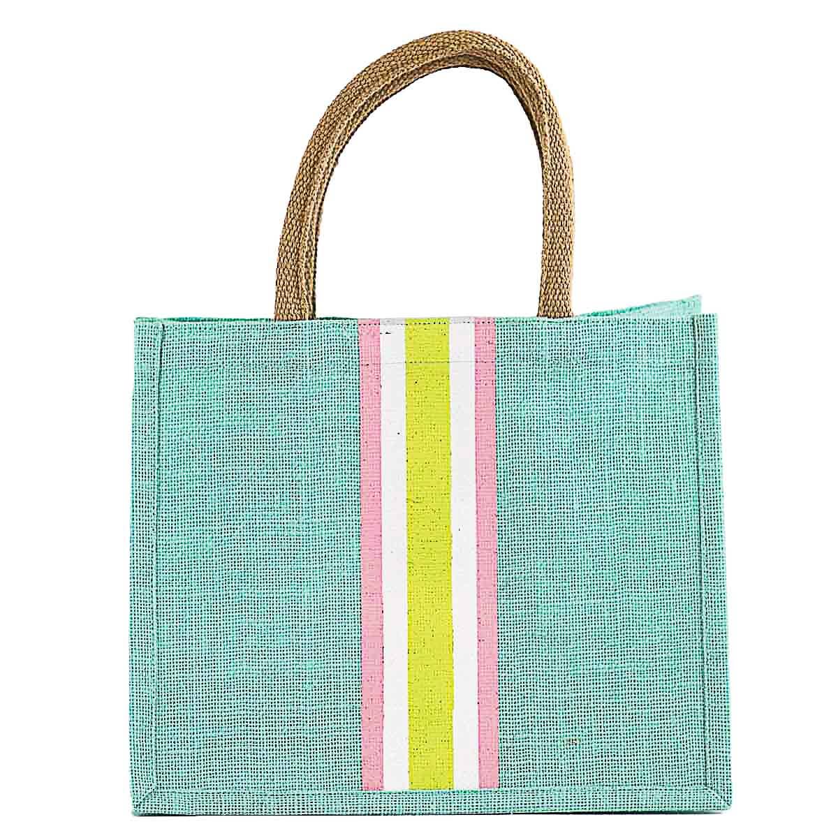 Stripe Gift Tote   Aruba Blue/Lime/Pink   12x10x8