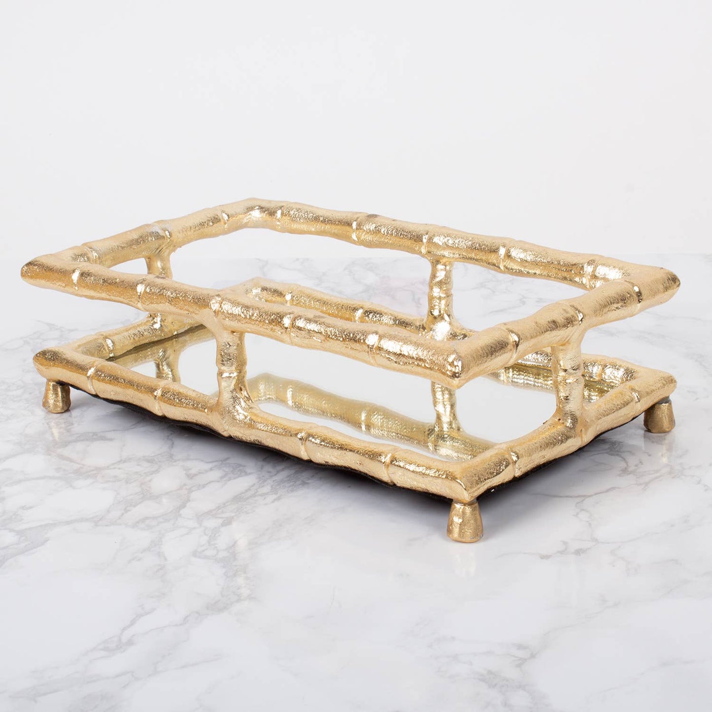 Gold Bamboo Guest Towel Tray with Mirror Base