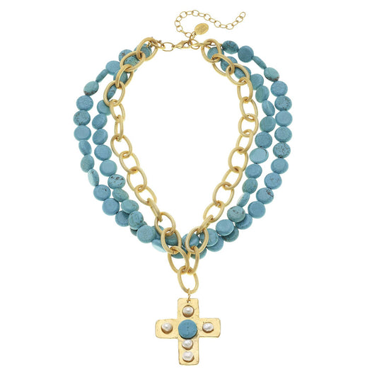 Multi-Strand Genuine Turquoise with  Gold Cross.