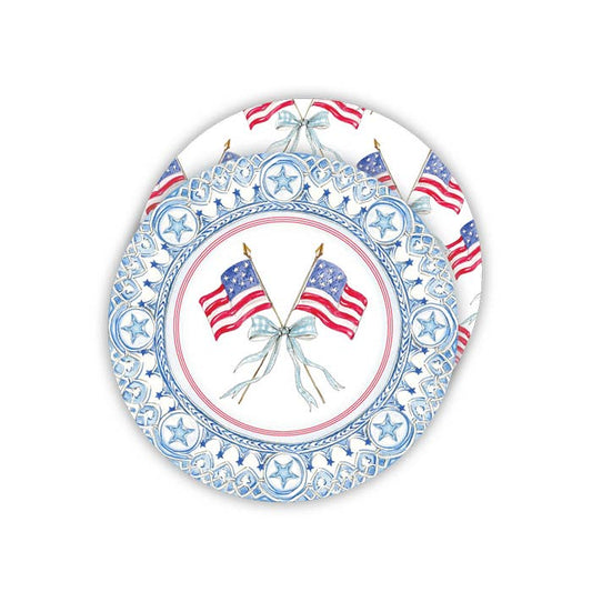 Patriotic Plate Light Blue Flags with Bow Round Coaster