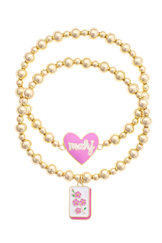 Mahj Cherry Blossom Tile Ball Bead Stretch Bracelet Set of 2