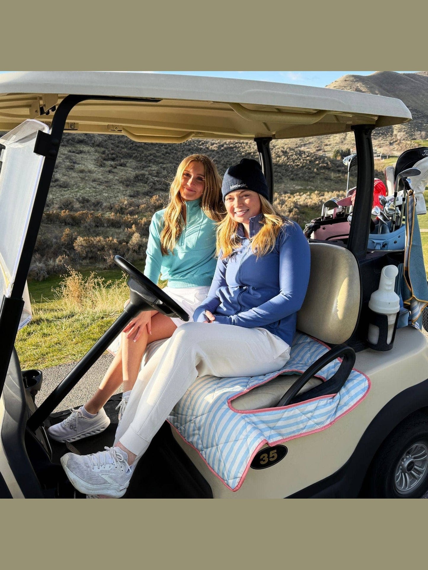 Country Club Stripe Reversible Golf Cart Seat Cover (Blue Stripe + Coral Trim)