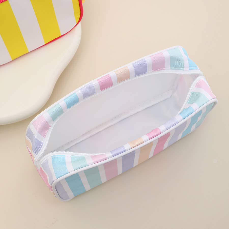Color-Blocked Striped Pouch Bow Tassel Zipper Makeup Bag