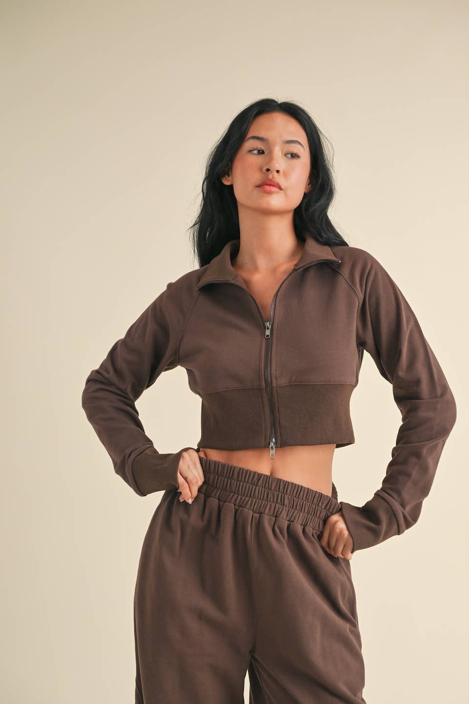 French Terry Crop Jacket and Flowy Jogger Pants Set