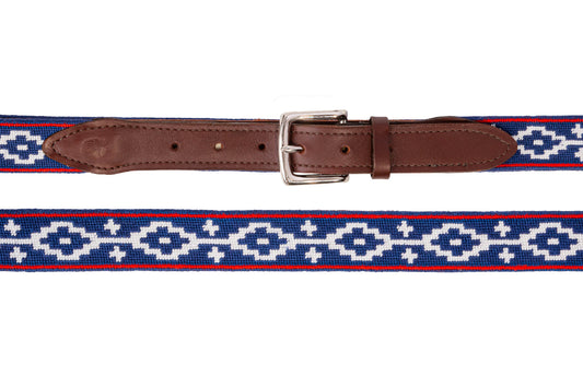 Navy Blue Lattice Needlepoint Belt with Crosses