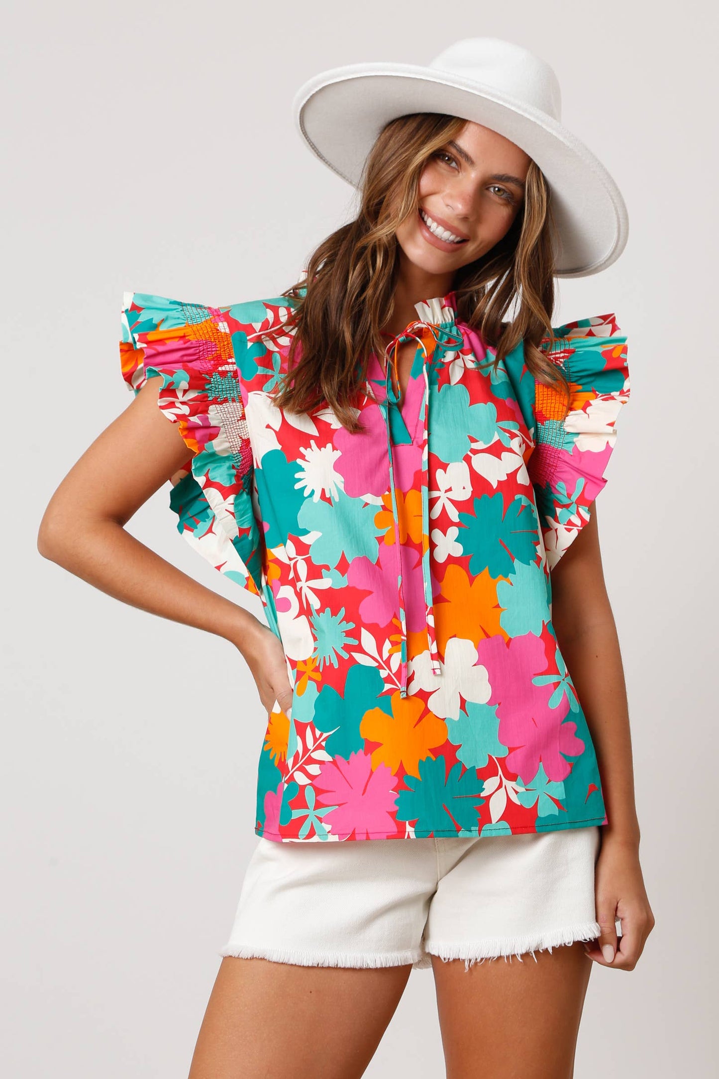 Poplin Floral Print V-Neck Ruffle Top