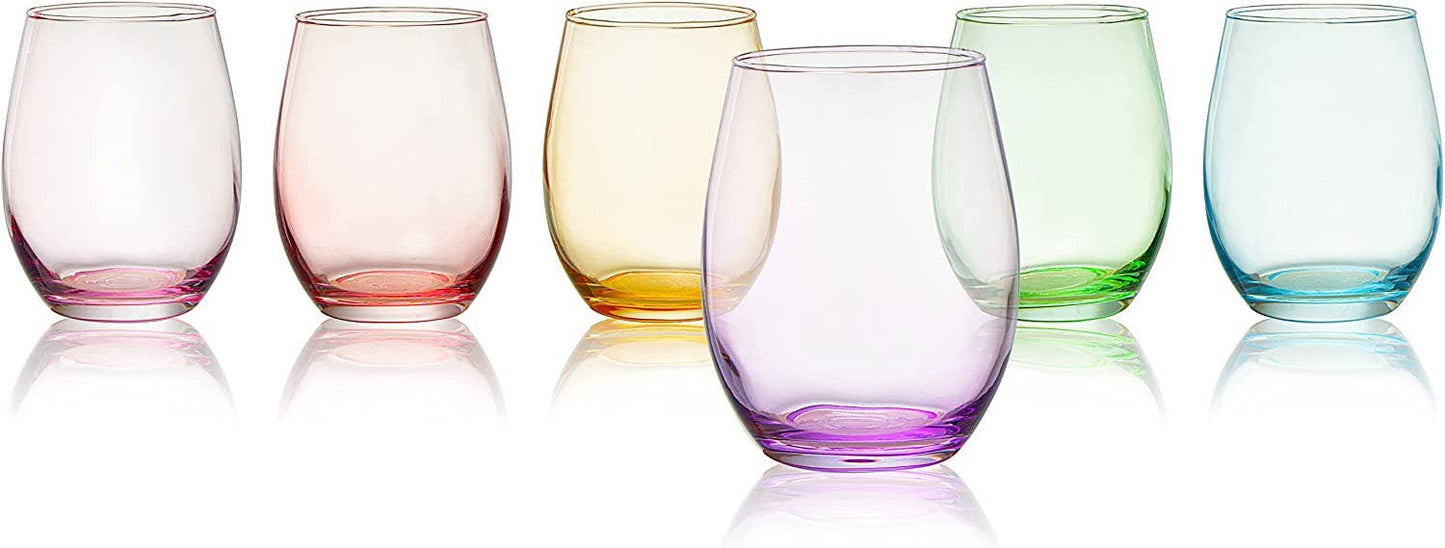 Stemless Colored Wine Glasses, Multicolor - 12 oz - Set of 6
