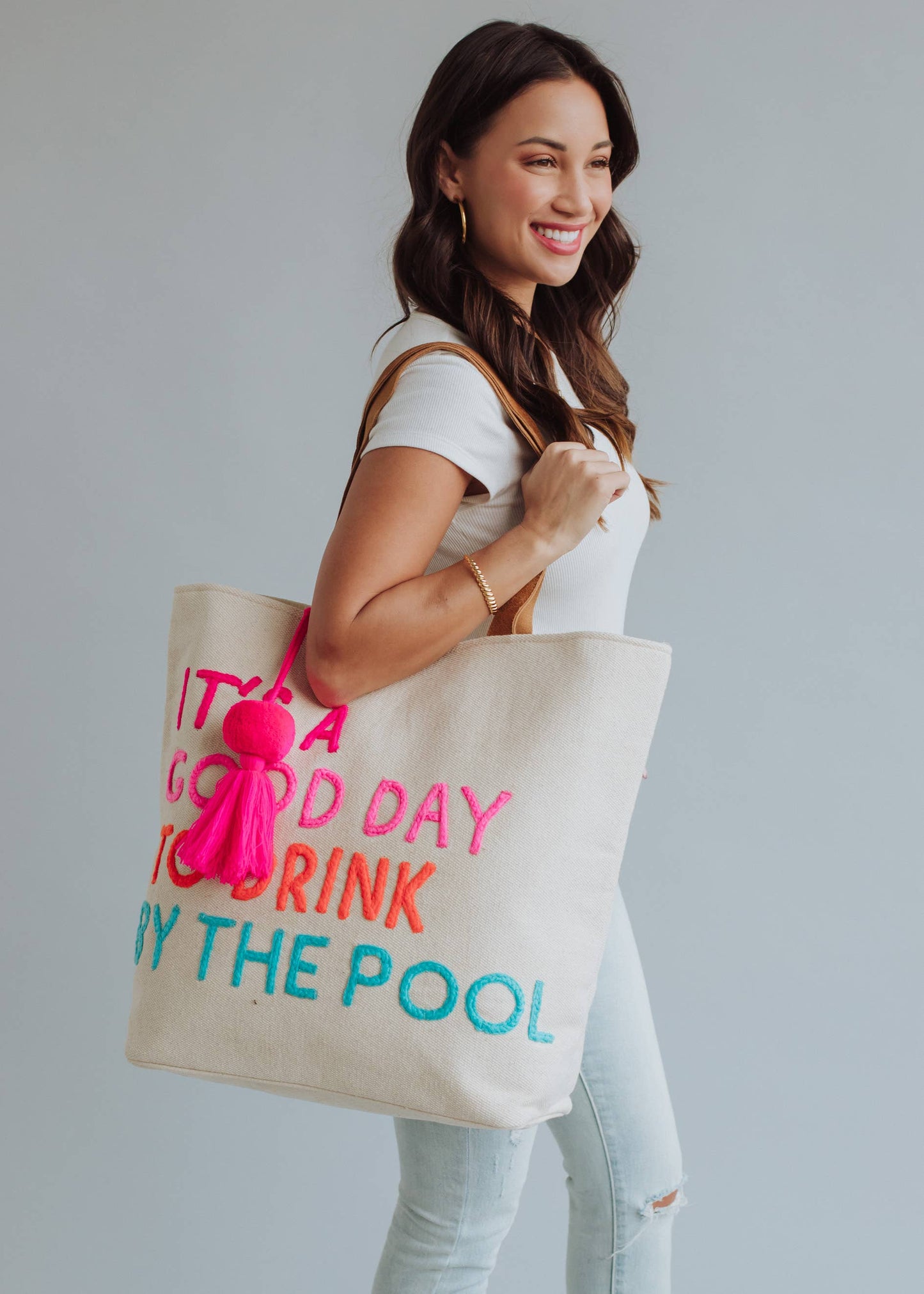 Drink By The Pool Tote Cream