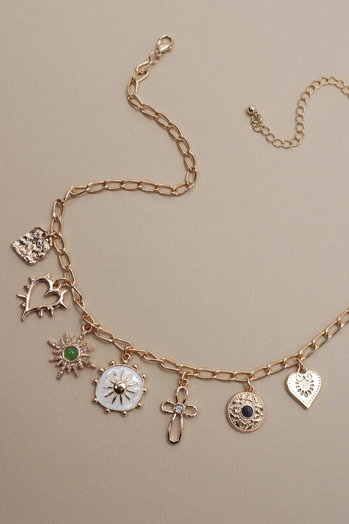 Charm Necklace Heart, Cross, Sunburst, Stone