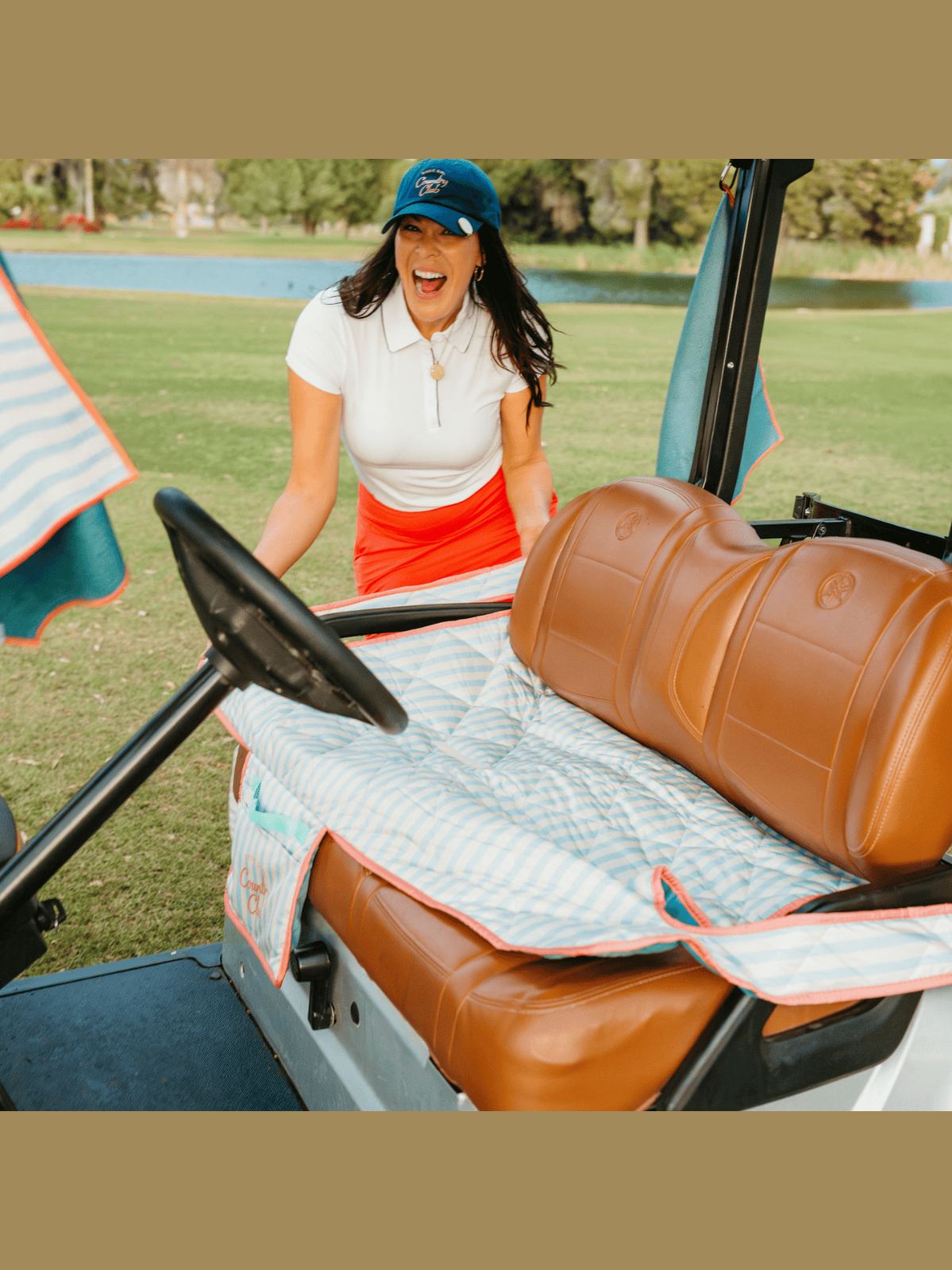 Country Club Stripe Reversible Golf Cart Seat Cover (Blue Stripe + Coral Trim)