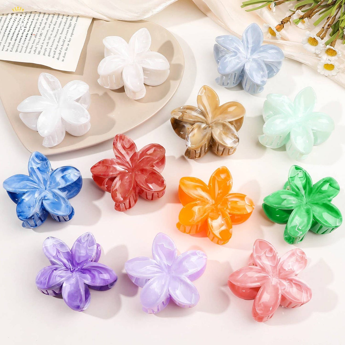 Women's Colorful Flat Round Flower Bow Hair Claw Clip