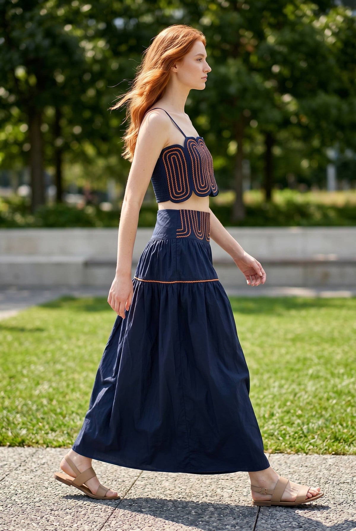 Exclusive Lace Trimmed Top & Skirt Set: NAVY/WHITE / L