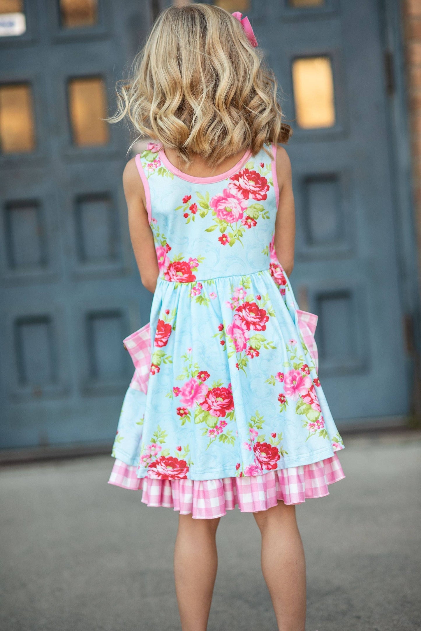 Kids Pink & Blue Floral Gingham Check Pocket Ruffle Dress