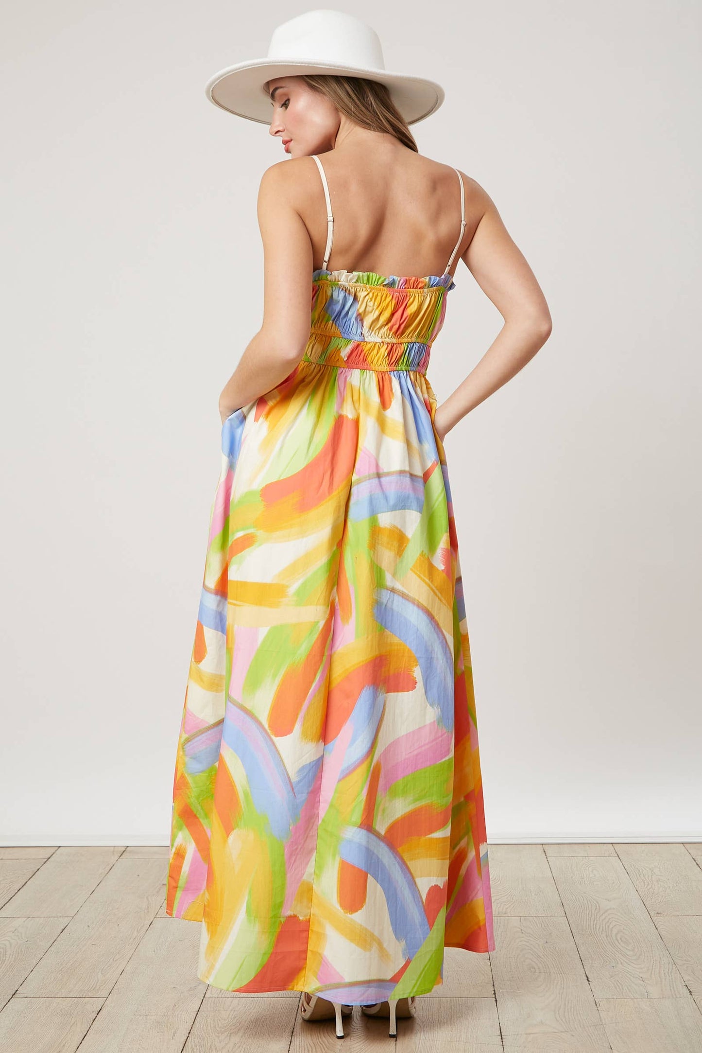 Pleated Binding Brushed Print Maxi Dress