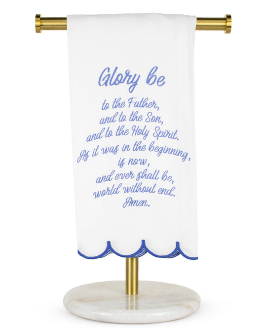 Glory Be Prayer Scalloped Hand Towel   White/Blue   20x28