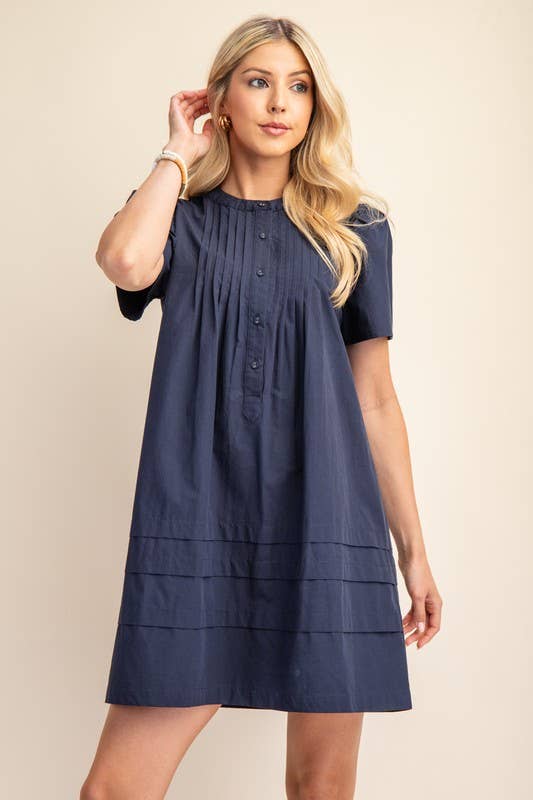 Pleated Poplin Puff Sleeve Mini Dress