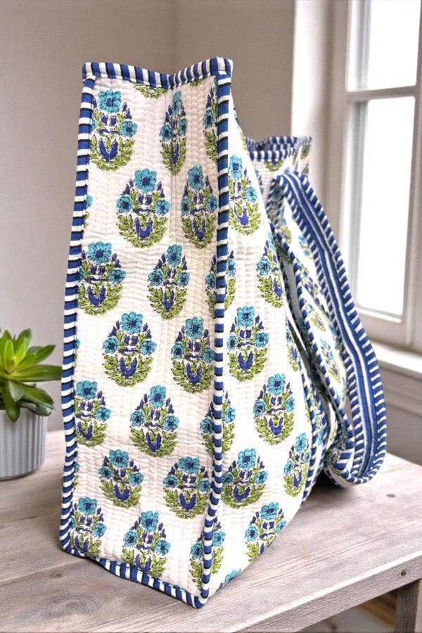 Emma Blue and White Floral Tote Bag
