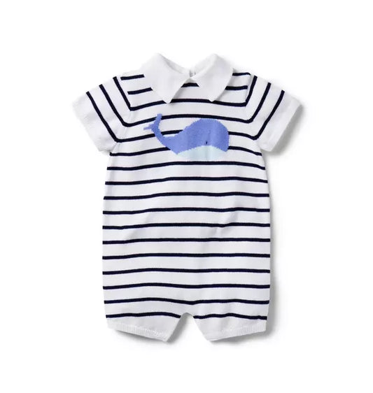 Blue Stripe Whale Collar Romper