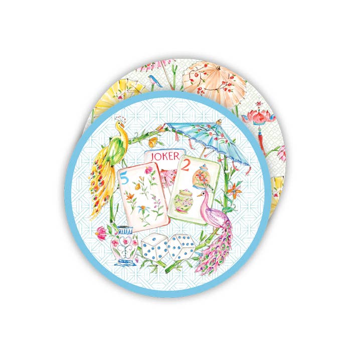 Mahjong Tiles with Colorful Peacocks & Flowers Round Coaster