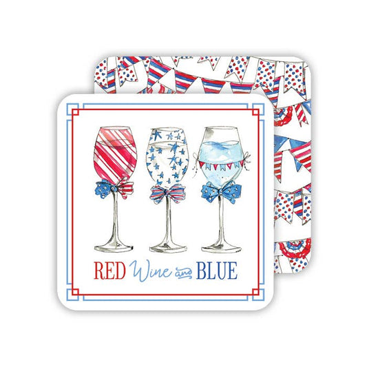 Red Wine Blue Wine glasses Patriotic Pennants Square Coaster