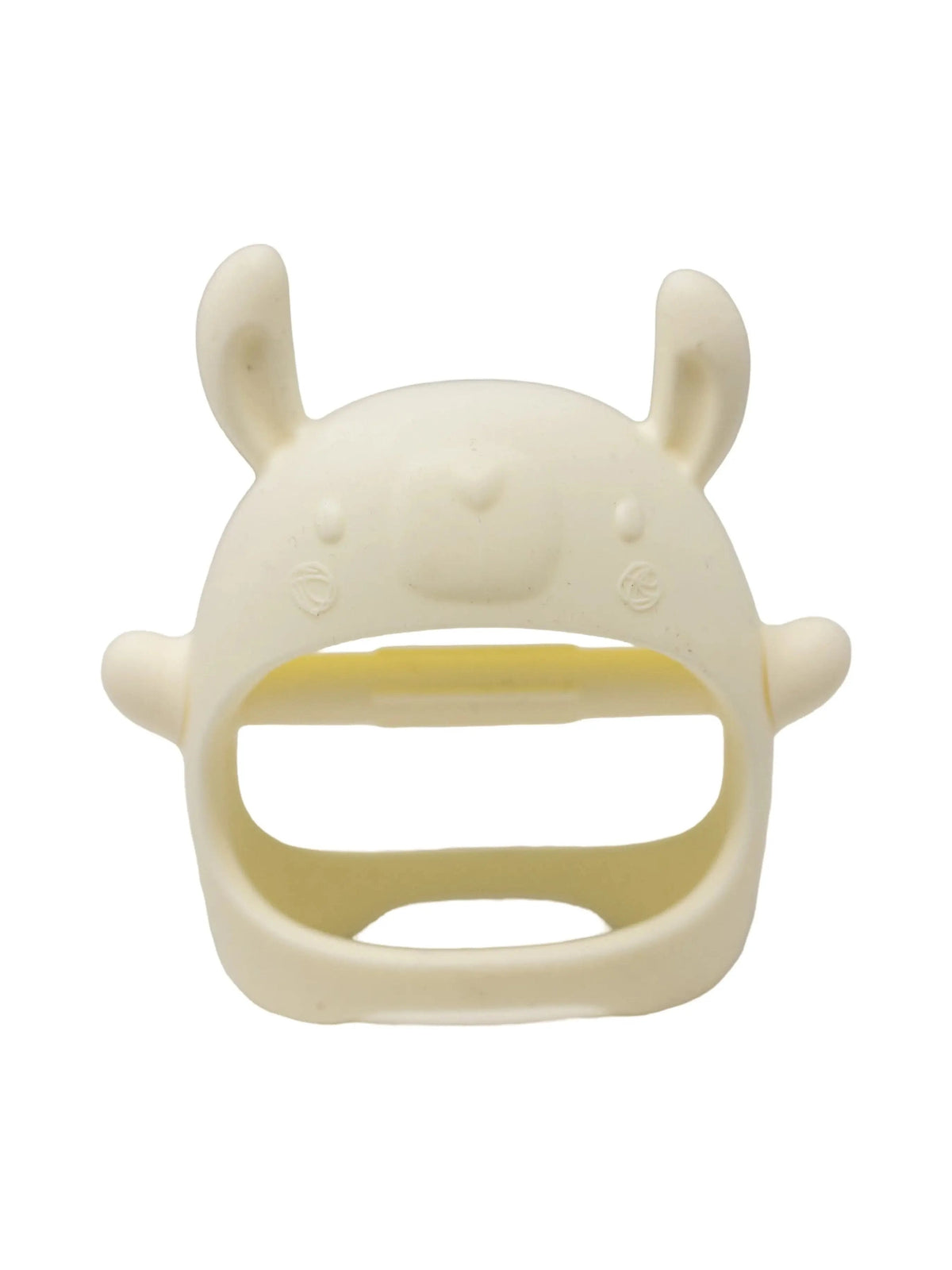 Cream silicone bunny teething mitt with textured sensory surface