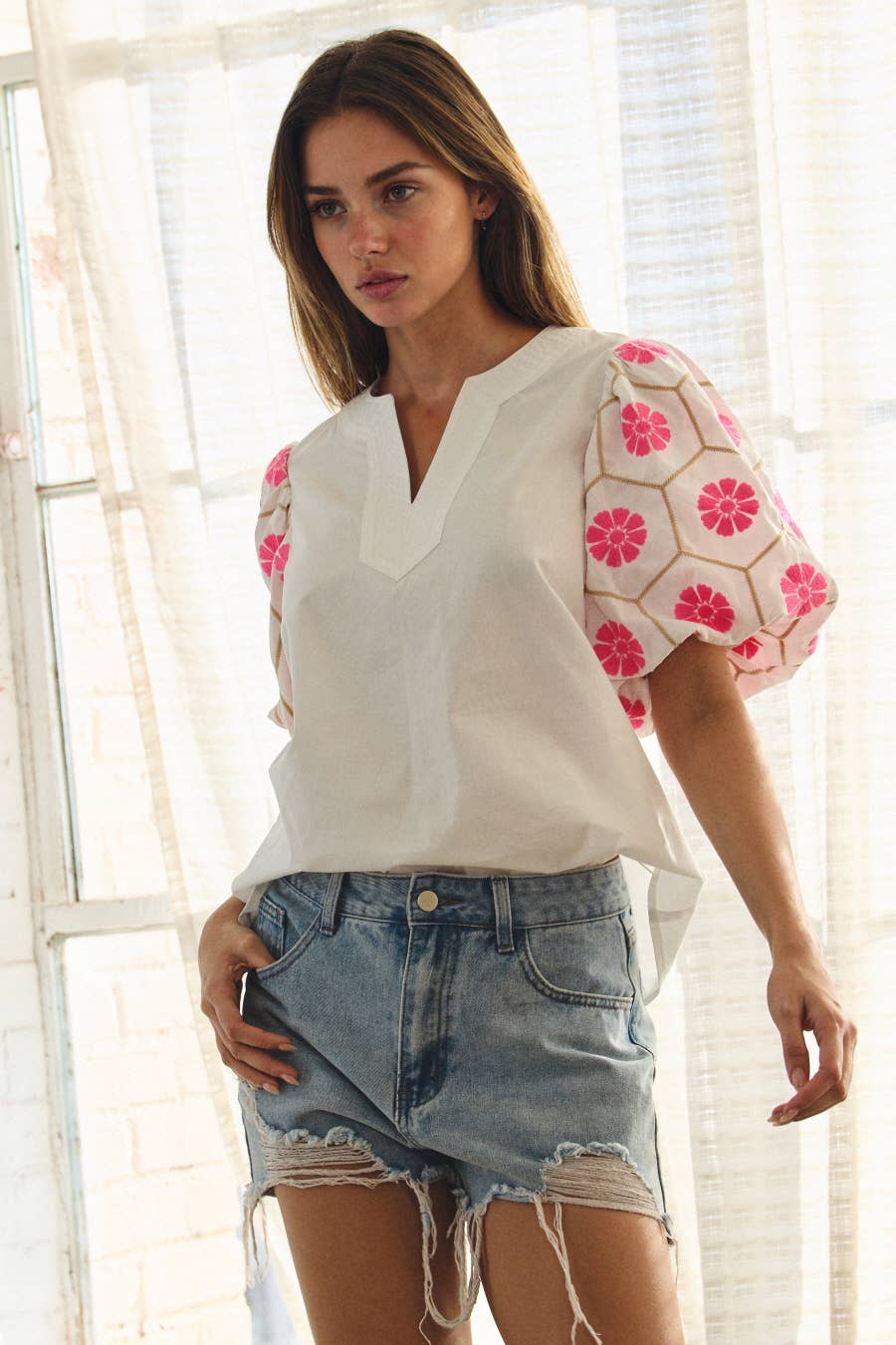 V-neck Floral Embroidery Blouse