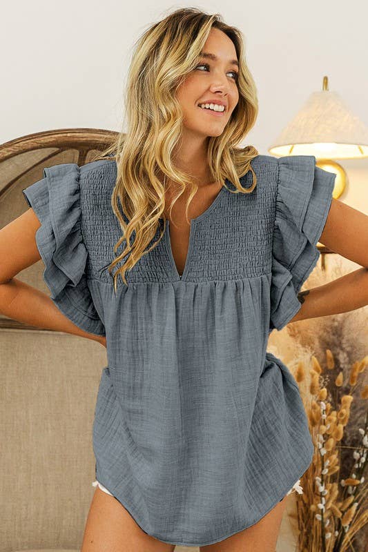 Crinkle Gauze Ruffle Smocked Yoke Top