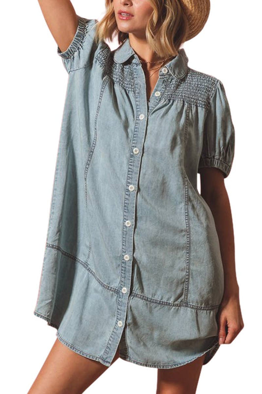 Washed Denim Smocked Yoke Button Up Shirt Dress