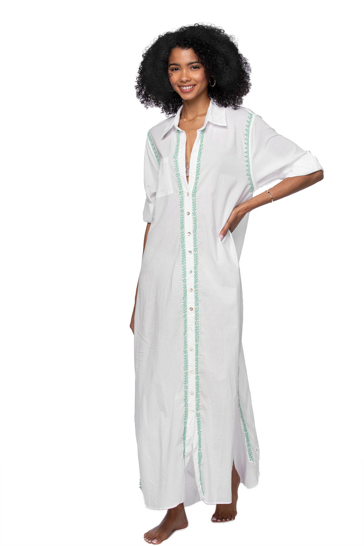 Maxi Boyfriend Cotton Shirt Dress with Contrast Embroideries