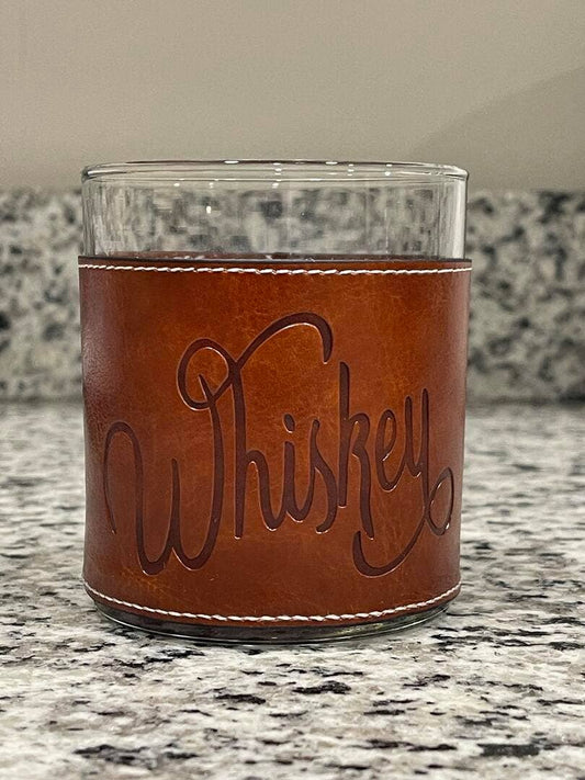 Whiskey Word Faux Leather Rocks Glass