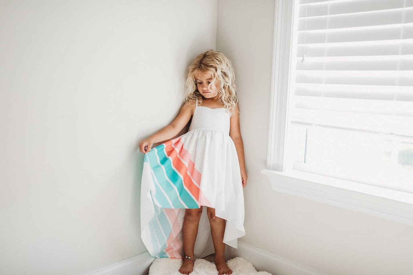 Kids Teal Pastel Rainbow Halter Summer Hi Lo  Dress