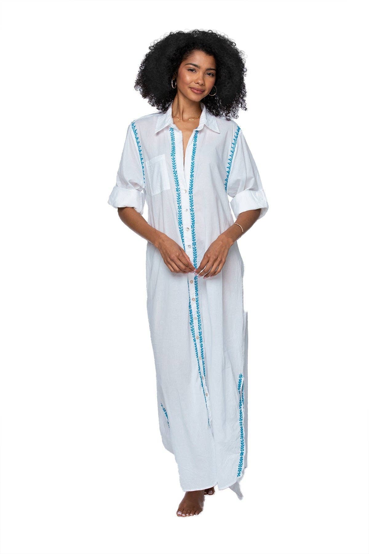 Maxi Boyfriend Cotton Shirt Dress with Contrast Embroideries