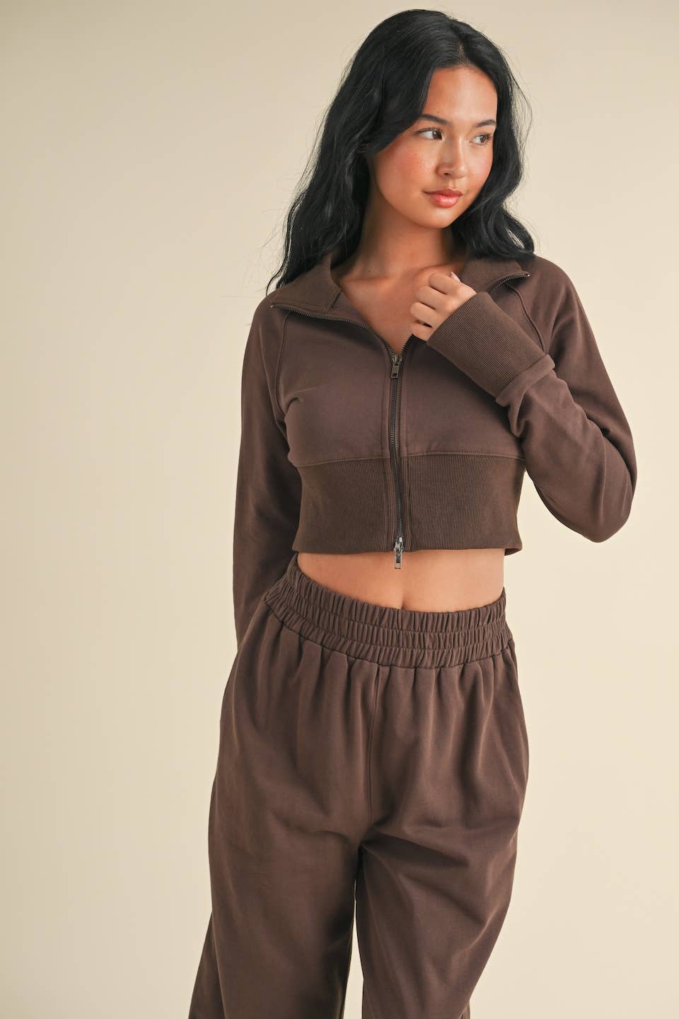 French Terry Crop Jacket and Flowy Jogger Pants Set