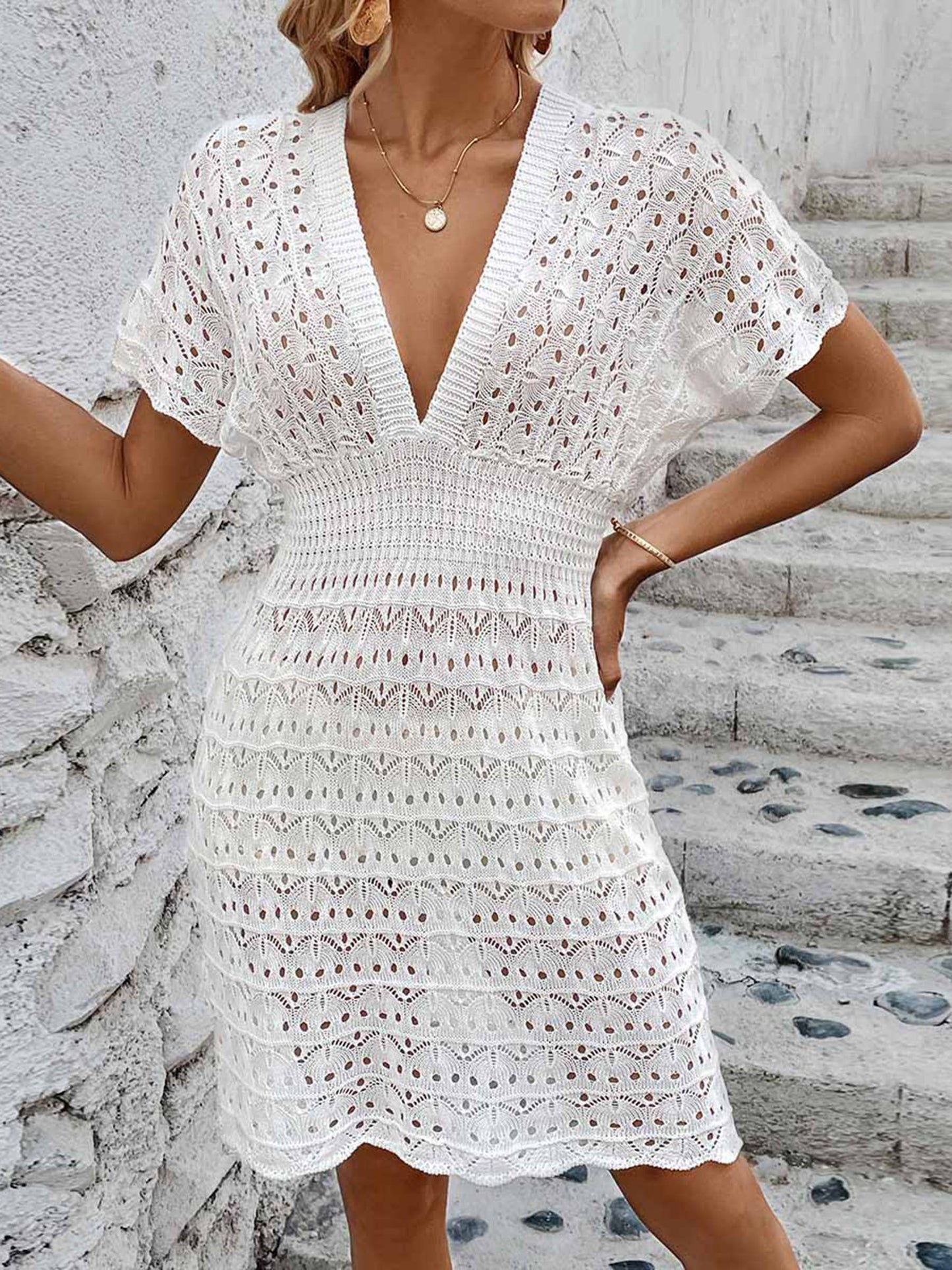 Deep V-neck Wave Pattern Hollowed Out Beach Dress