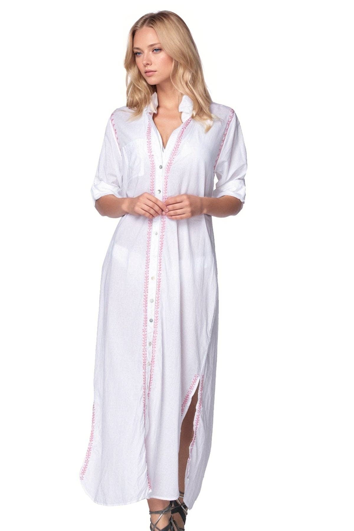 Maxi Boyfriend Cotton Shirt Dress with Contrast Embroideries