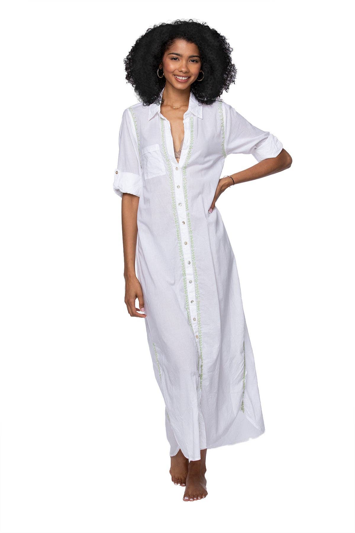 Maxi Boyfriend Cotton Shirt Dress with Contrast Embroideries