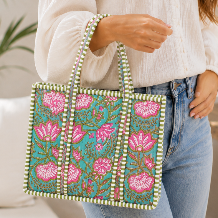 Green Pink Quilted Bag Print