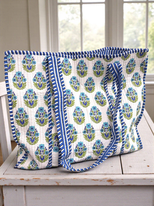 Emma Blue and White Floral Tote Bag