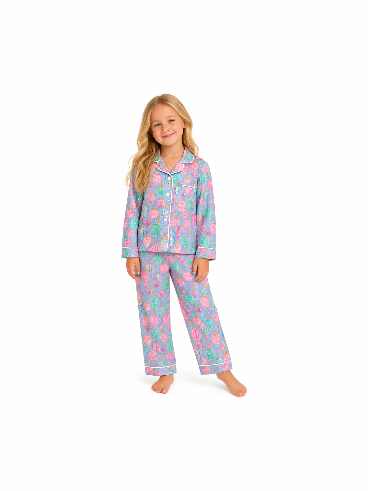 Ornament Print Long Sleeve Silk Pajama Set