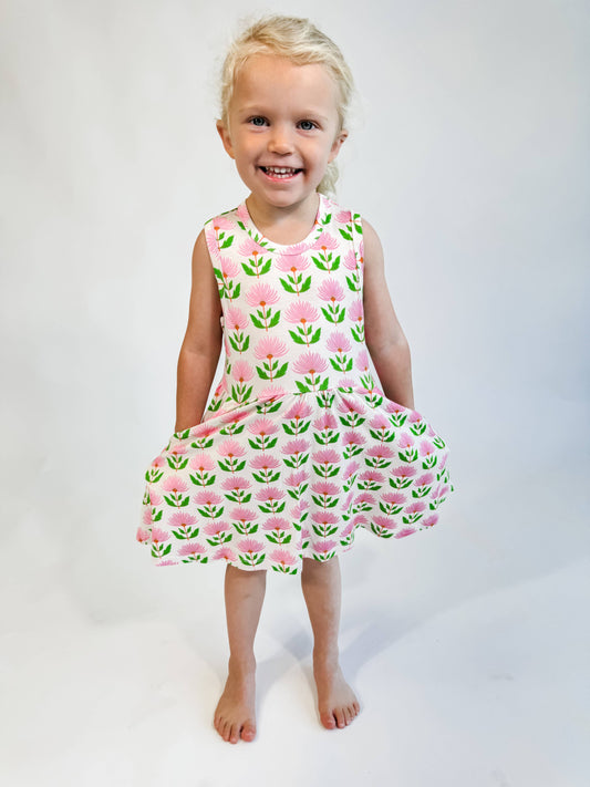 Pink Block Print Flowers - Sleeveless Pocket Dress