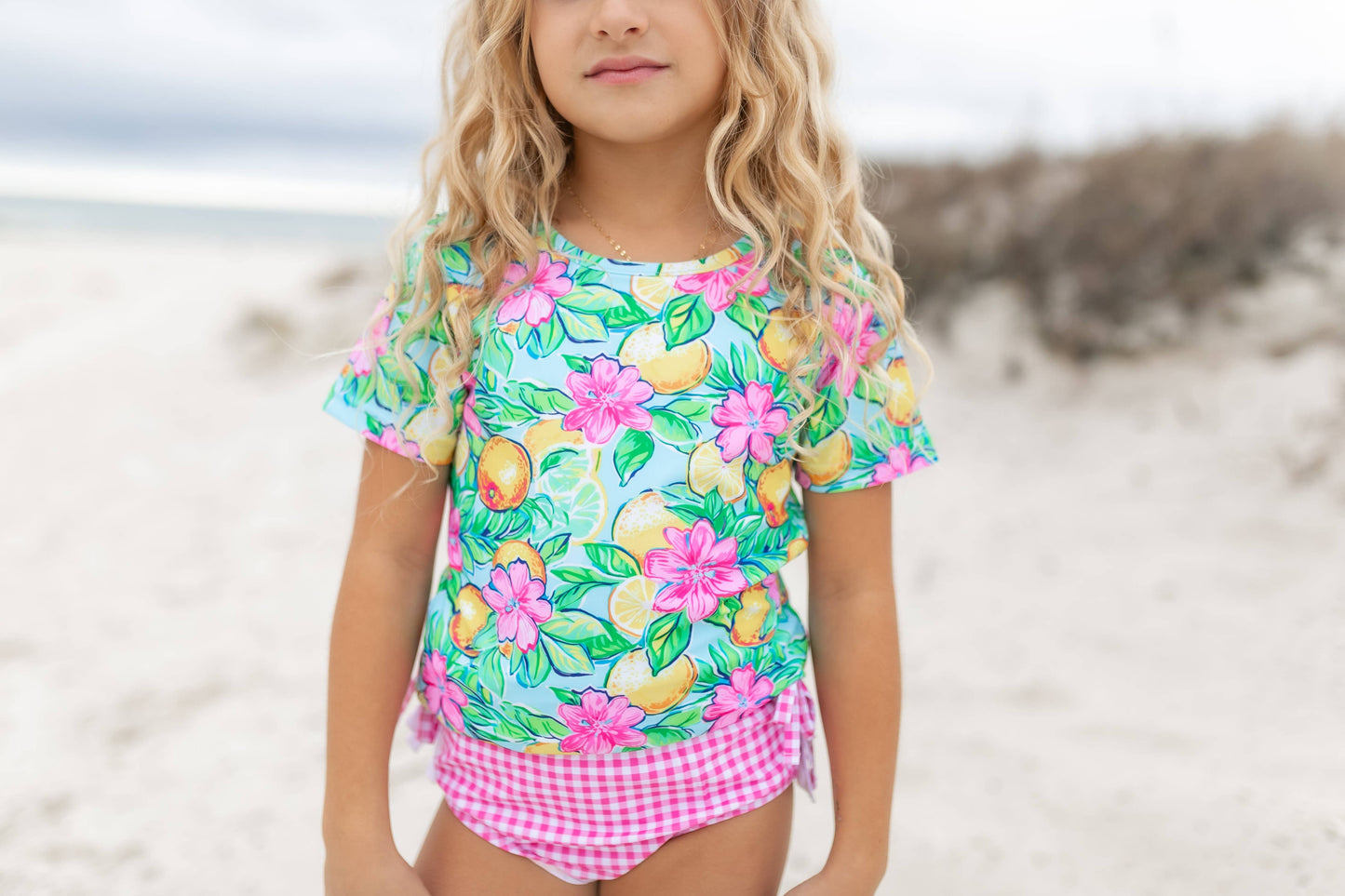 Kids Hot Pink Lemon Rash Guard Ruffle Swimsuit