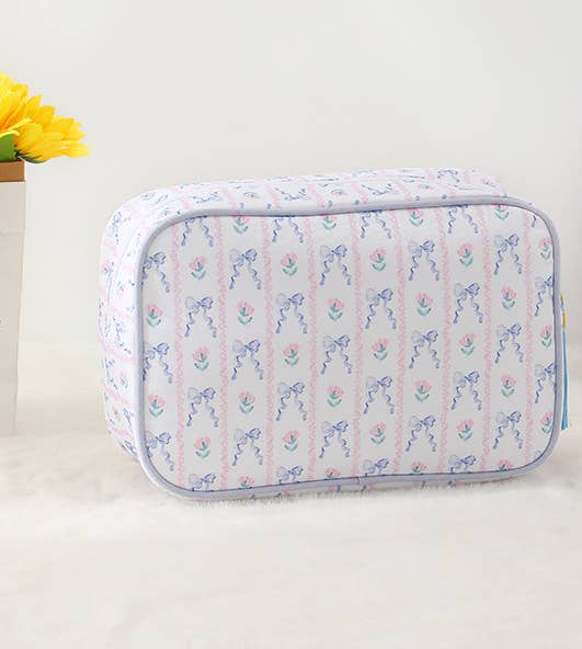 Color-Blocked Striped Pouch Bow Tassel Zipper Makeup Bag