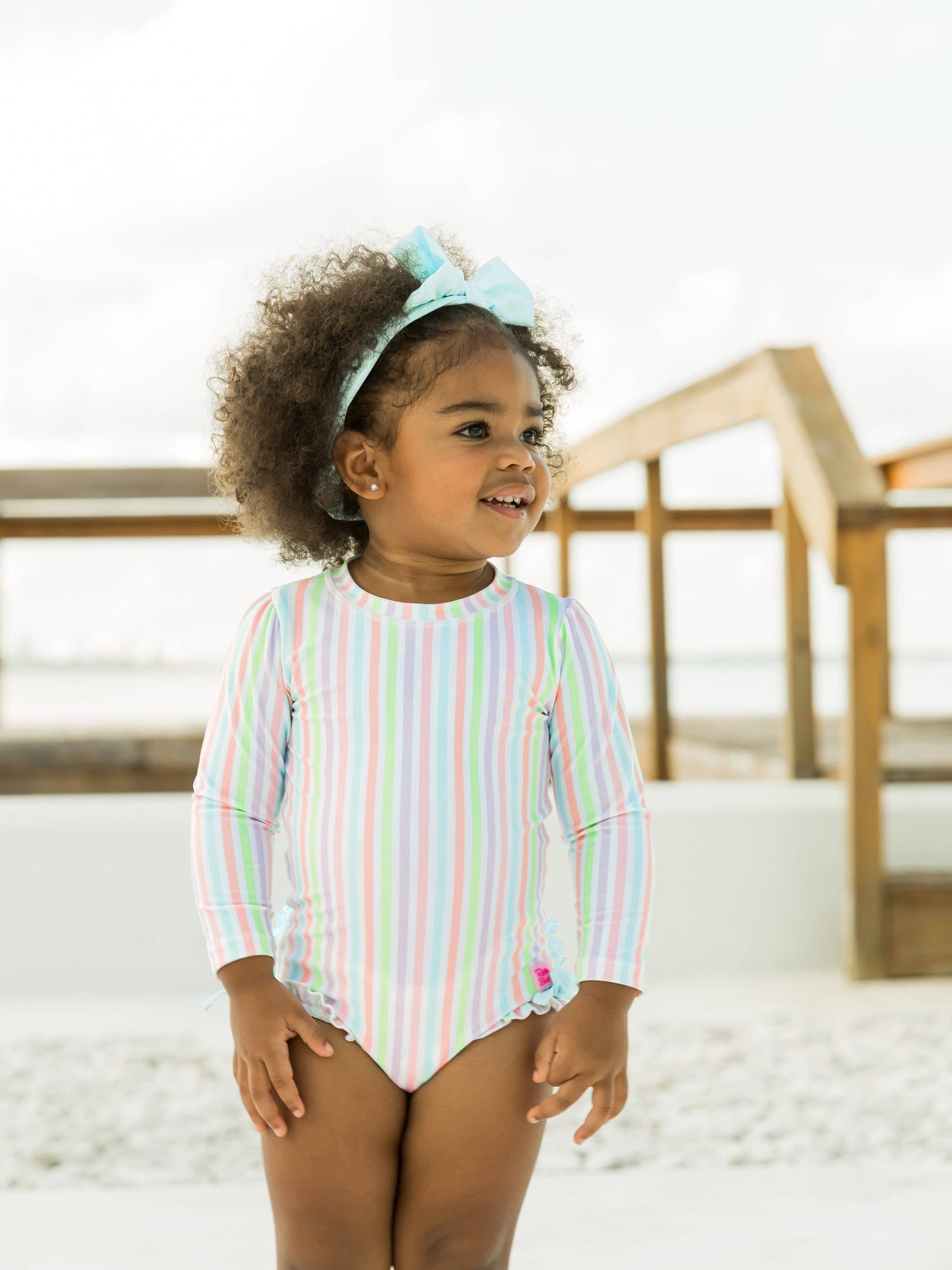 Baby Girls Pastel Rainbow Stripe Long Sleeve One Piece Rash Guard