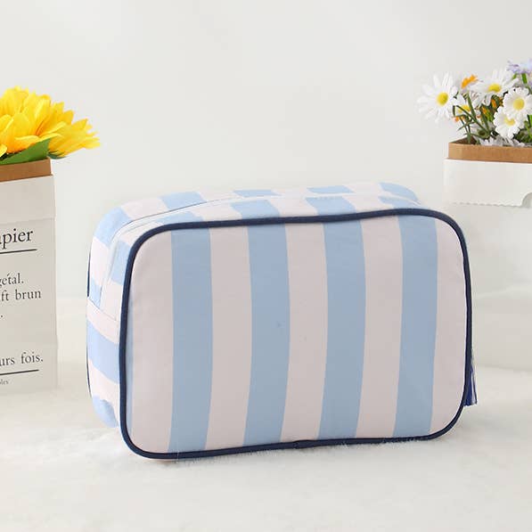 Color-Blocked Striped Pouch Bow Tassel Zipper Makeup Bag