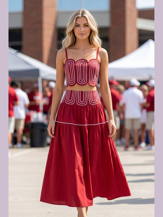 Lace Trimmed Skirt Set- Crimson / White