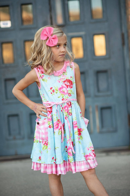 Kids Pink & Blue Floral Gingham Check Pocket Ruffle Dress