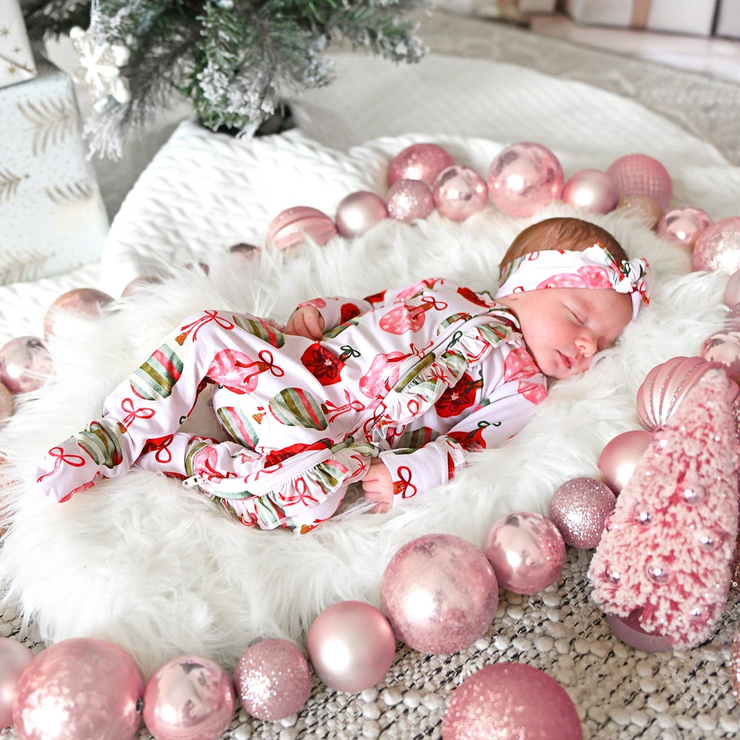 Kit Ornaments Ruffle Zip Christmas Ruffle  bamboo baby one piece outfit